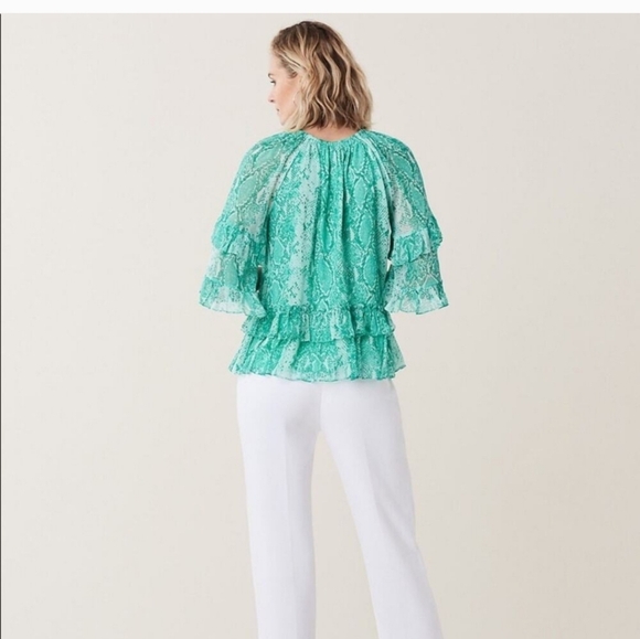 Diane Von Furstenberg Ruffle Silk Chiffon Blouse green teal sz Medium - Picture 2 of 8